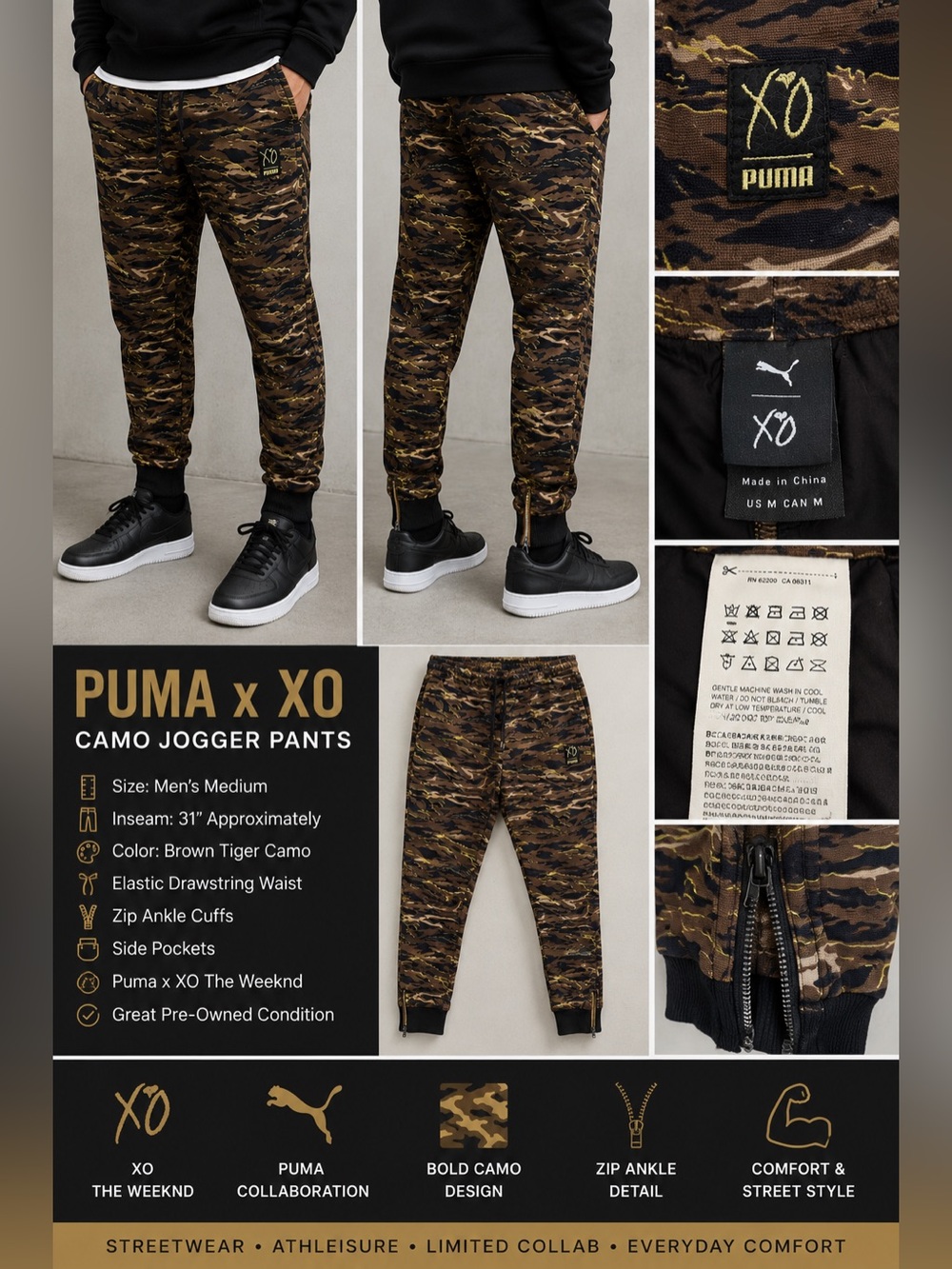 Puma XO The Weeknd Camo Jogger Pants Men’s Medium Brown Tiger Camo Zip Ankle